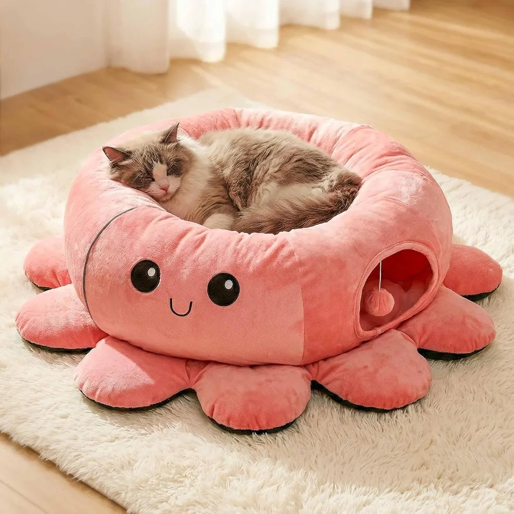 Cat Tunnel Bed with 20 Cat Toys, Collapsible Play Tunnel for Indoor Kittens, Octopus Shaped