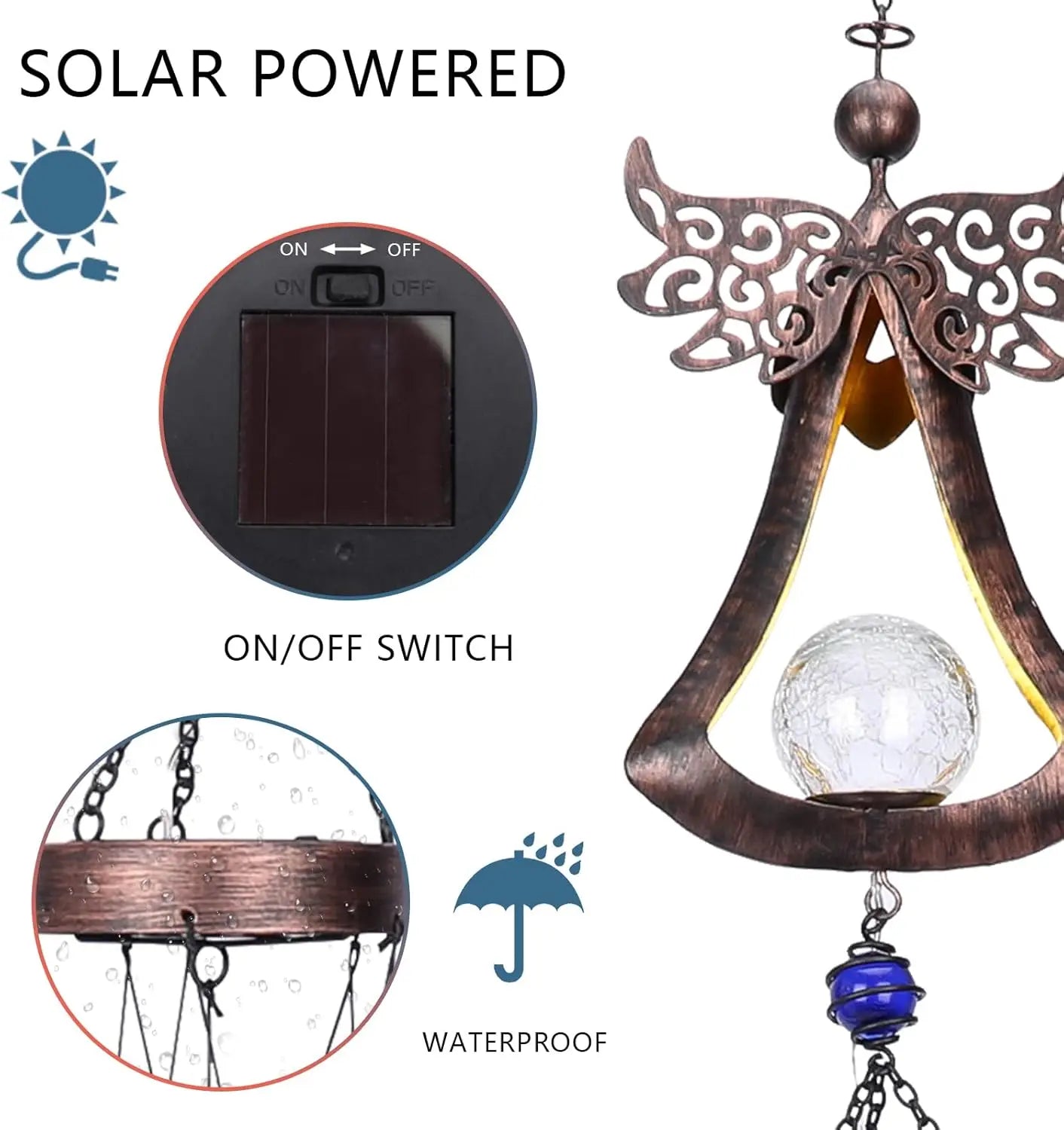 Solar Wind Chime With Crackle Glass Ball LED Lights