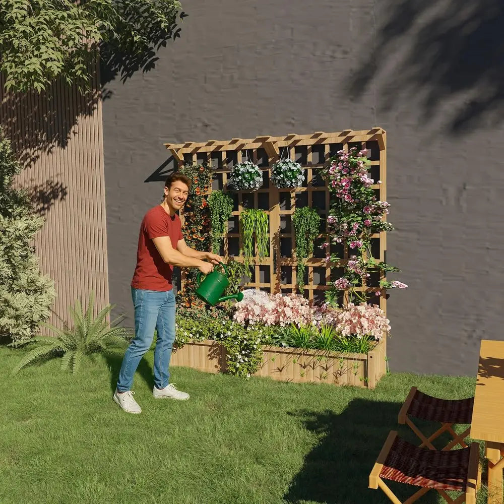 Elevated Outdoor Wooden Planter With Trellis For Flowers And Veggies