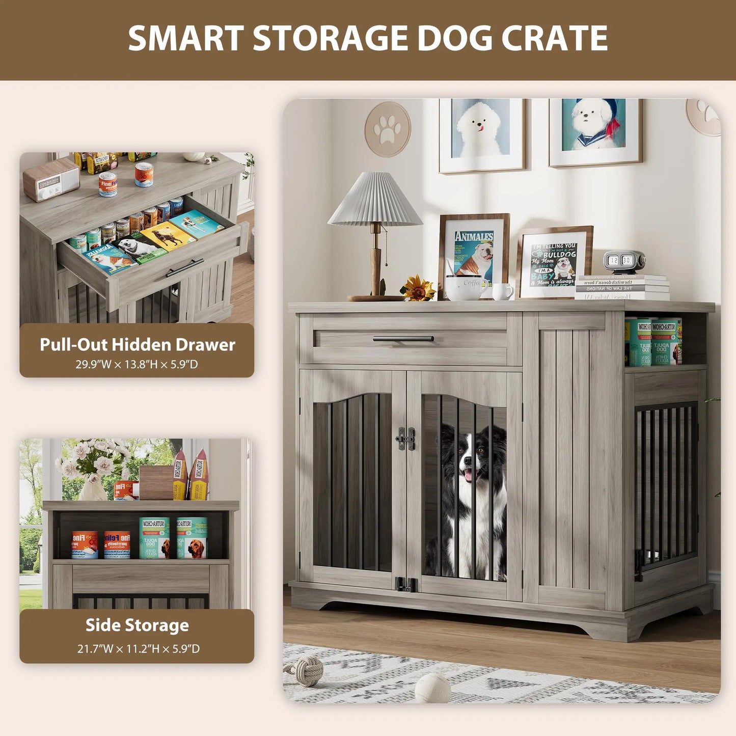 HiMISS Furniture Style Wooden Dog Crate With Feeding Station