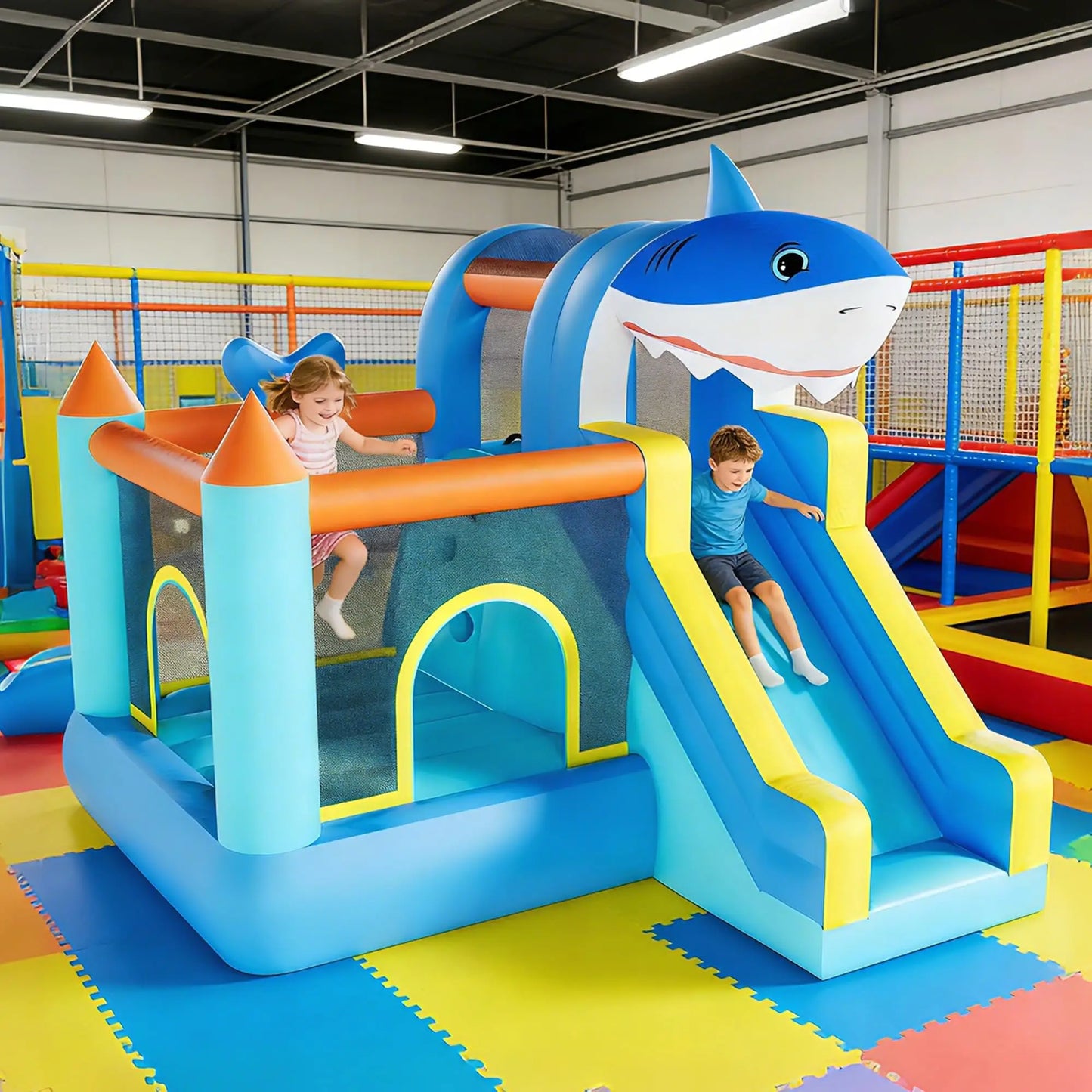 Inflatable Bounce House With Slide & Blower, Kids Bouncy Castle, Climbing Wall Basketball Hoop, Indoor Outdoor Backyard Play