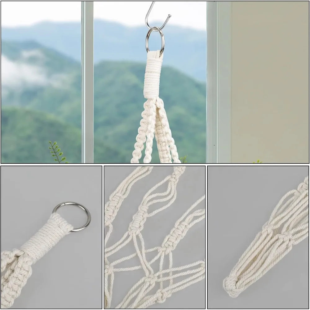 Boho Macrame Plant Hanger 2 Pack, 20" Ivory Cotton Rope Hanging Planter Basket with Metal Hook Rings for Indoor Outdoor Decor