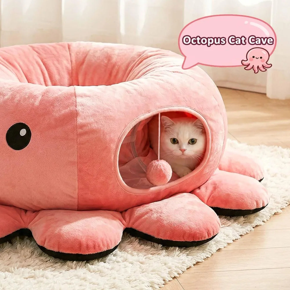 Cat Tunnel Bed with 20 Cat Toys, Collapsible Play Tunnel for Indoor Kittens, Octopus Shaped