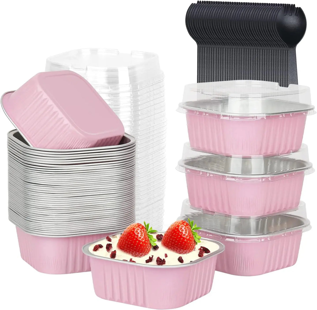 `10 Oz Aluminum Foil Baking Cups with Lids and Sporks, 100 Pcs Disposable Ramekins for Dessert Cake BBQ Meal Prep`