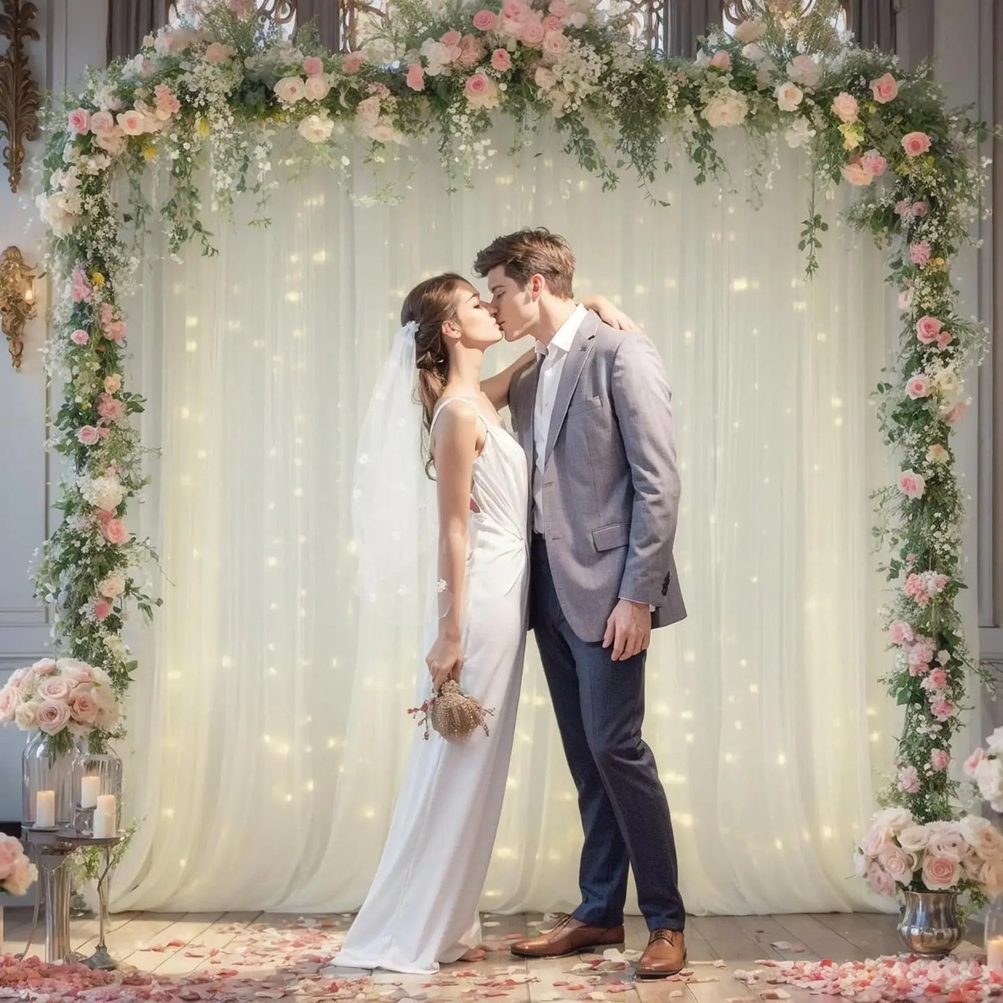 Tulle Backdrop Curtains With String Lights For Wedding And Party