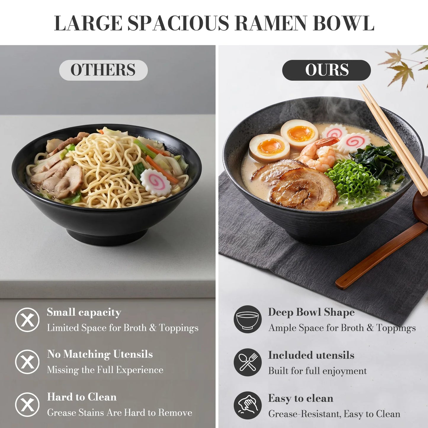 2-Piece Japanese Style Ramen Bowl Set, 9 Inch Large Ceramic Bowls with Spoons and Chopsticks for Noodles Soup Rice Kitchen Tableware Microwave Oven Bakware