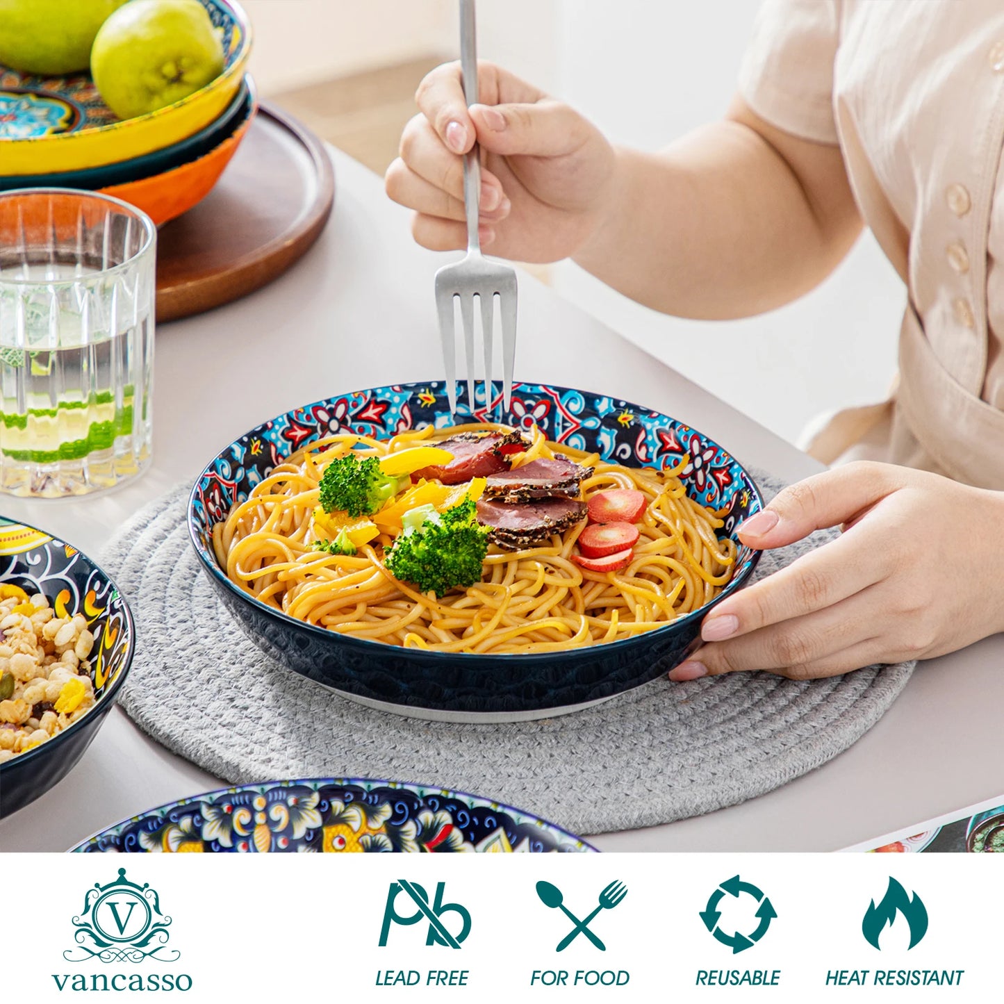 vancasso 24 PCS Ceramic Dinnerware Set Porcelain Bohemian Style Dinnerware with Dinner/Dessert Plate/Cereal/Pasta Bowl For 6