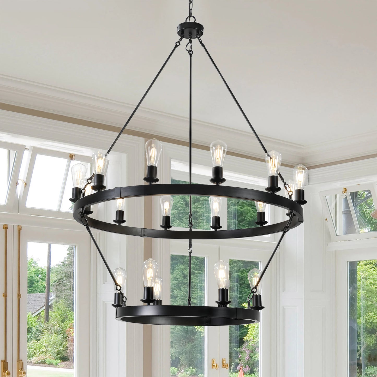 Retro style Large 2-Tier circular ceiling Ironwork chandelier