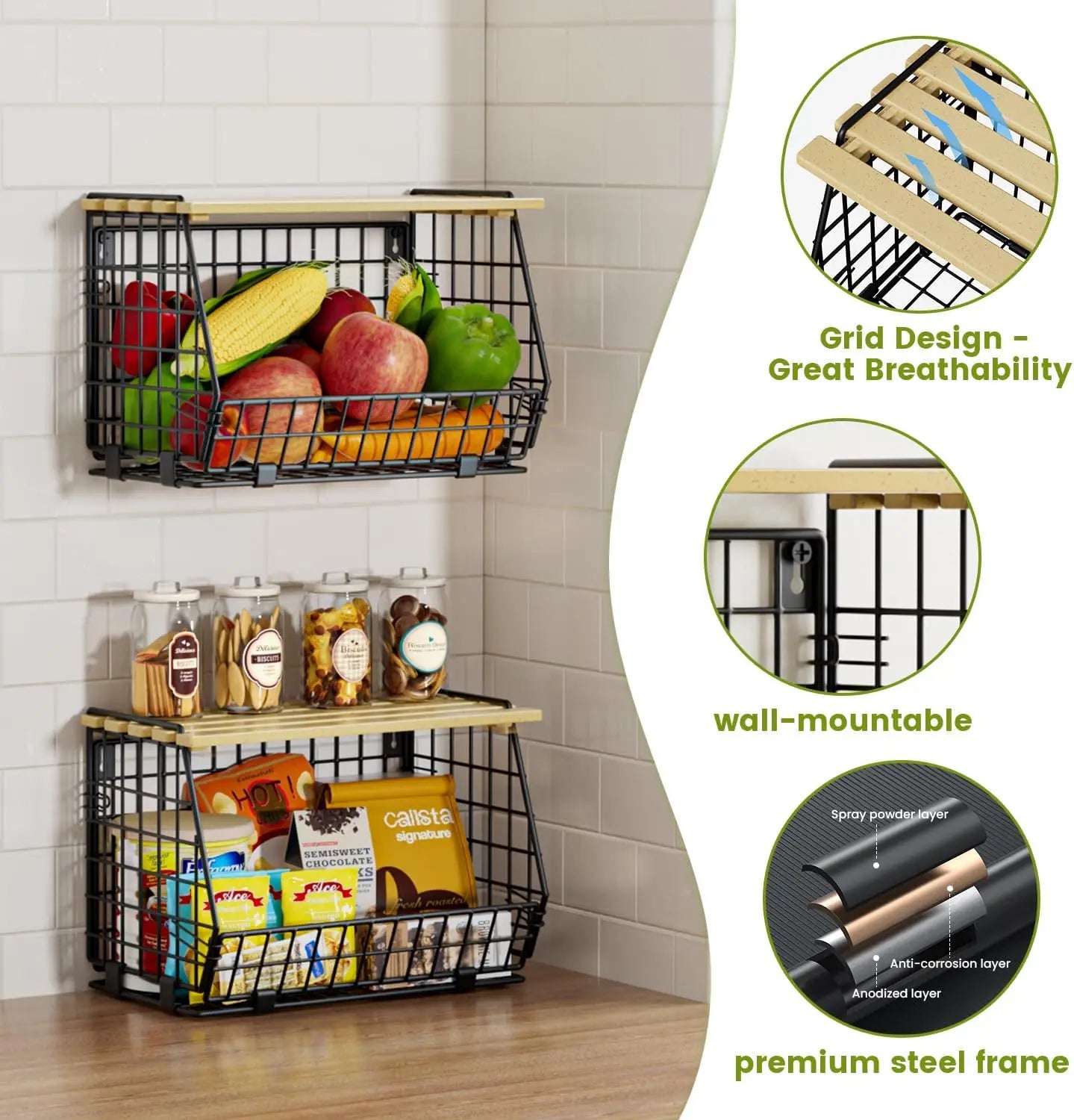 3-Pack Hanging Fruit Basket for Kitchen, Wall Mounted or Countertop Wire Storage for Vegetables, Onions, Potatoes