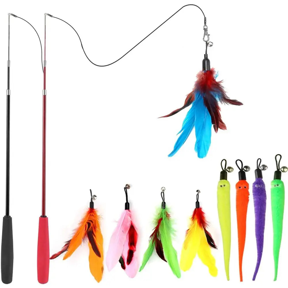 Indoor Cat Toy Kitten Wand And Feather Toys Set Interactive