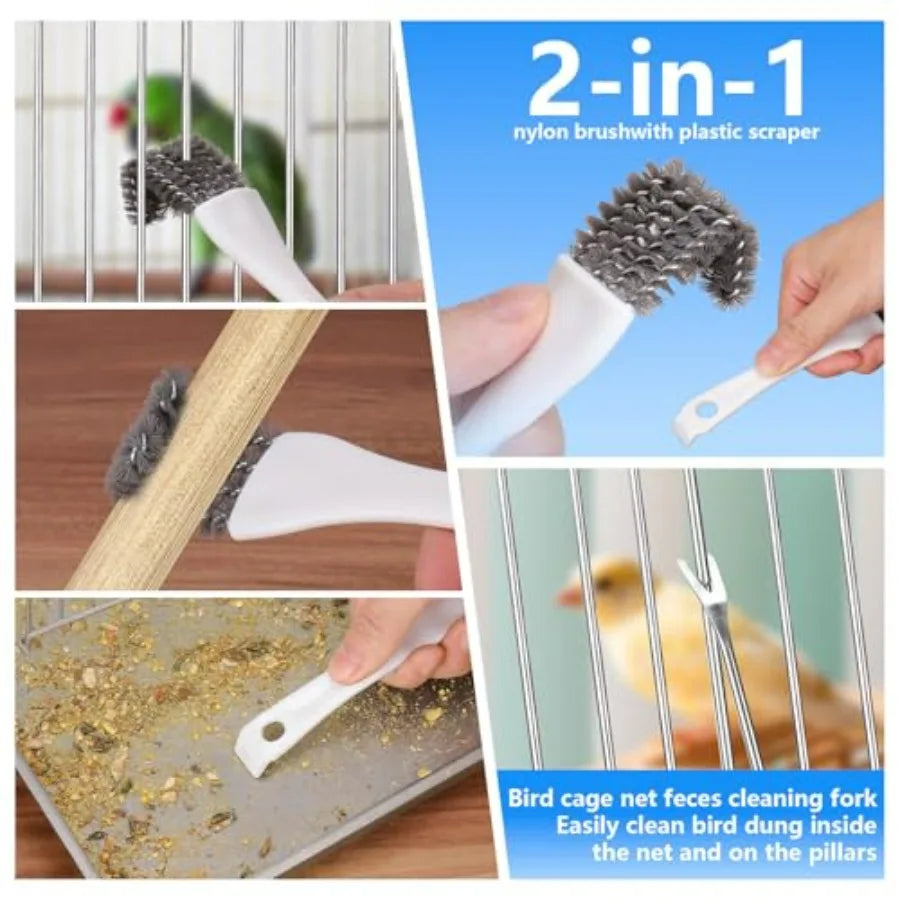 Bird Cage Cleaner Brush Kit, Bird Poop Remover Cleaning Tools Set Accessories for Small, Medium, Large, Tall, Stainless Steel,