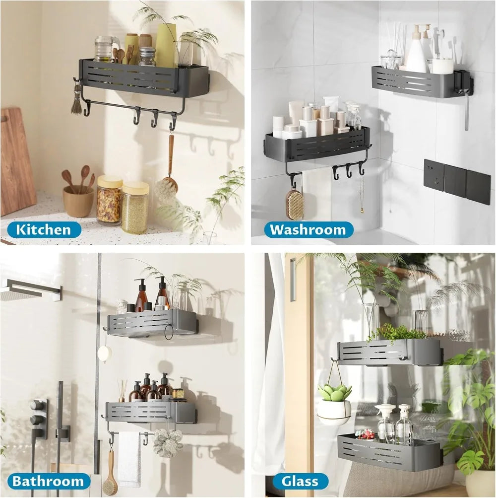 Two Pack Suction Cup Shower Caddy Set With Towel Bar