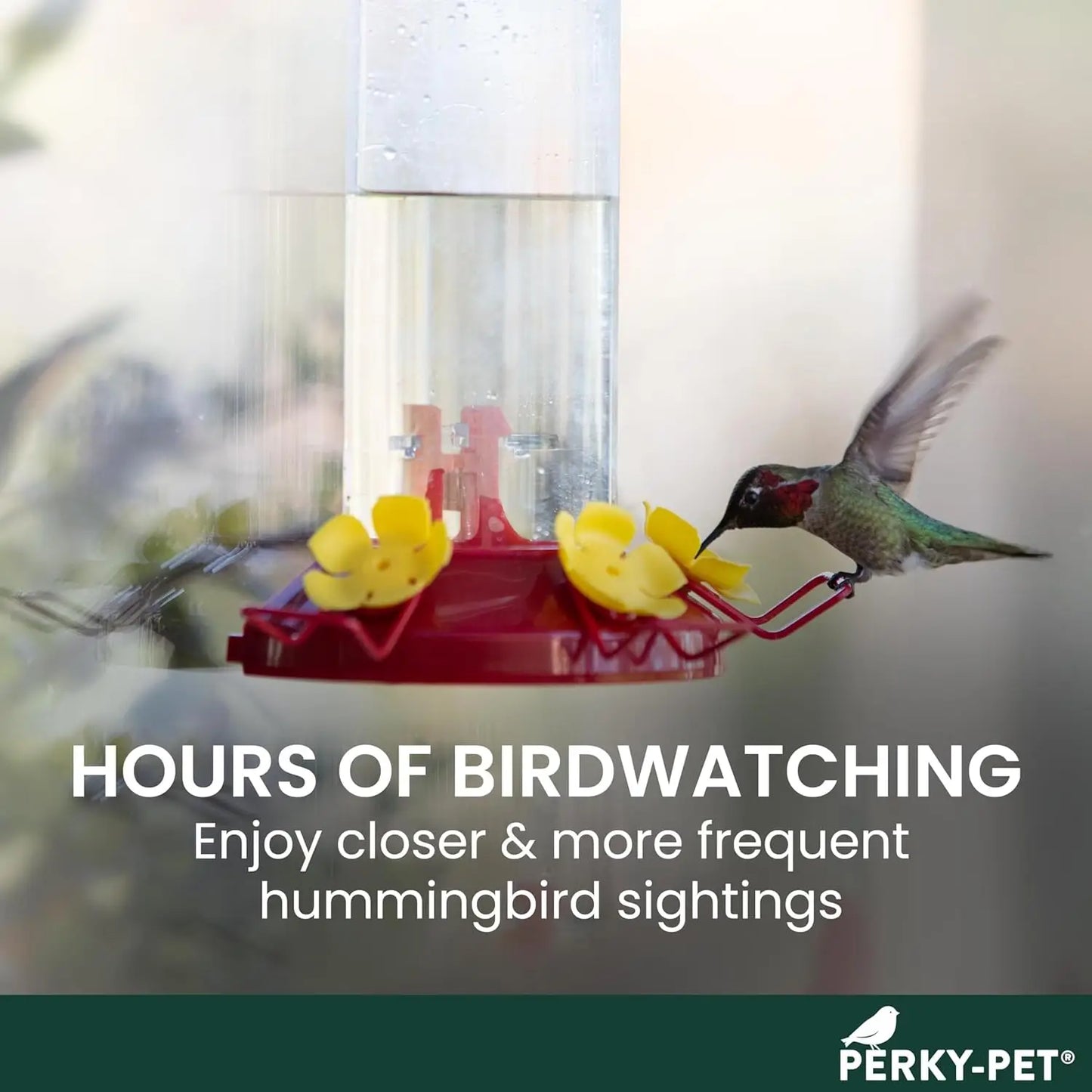 Window Mount Hummingbird Feeder - 8 oz Nectar Capacity, 3 Bee Guard Ports, Suction Cup and Removable Perches, Clear Plastic Shat