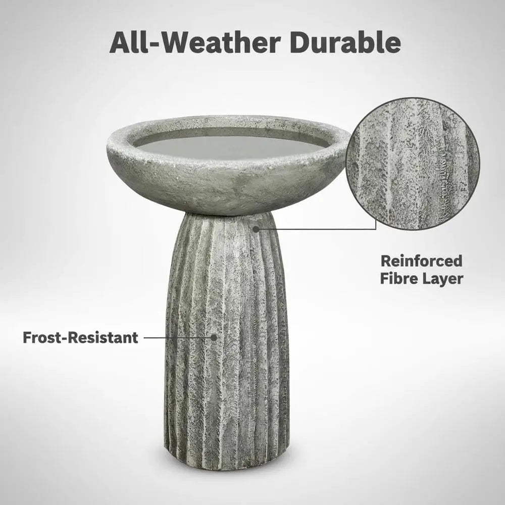 Fiber Reinforced Concrete Bird Bath With Textured Pedestal Outdoor Garden Decor