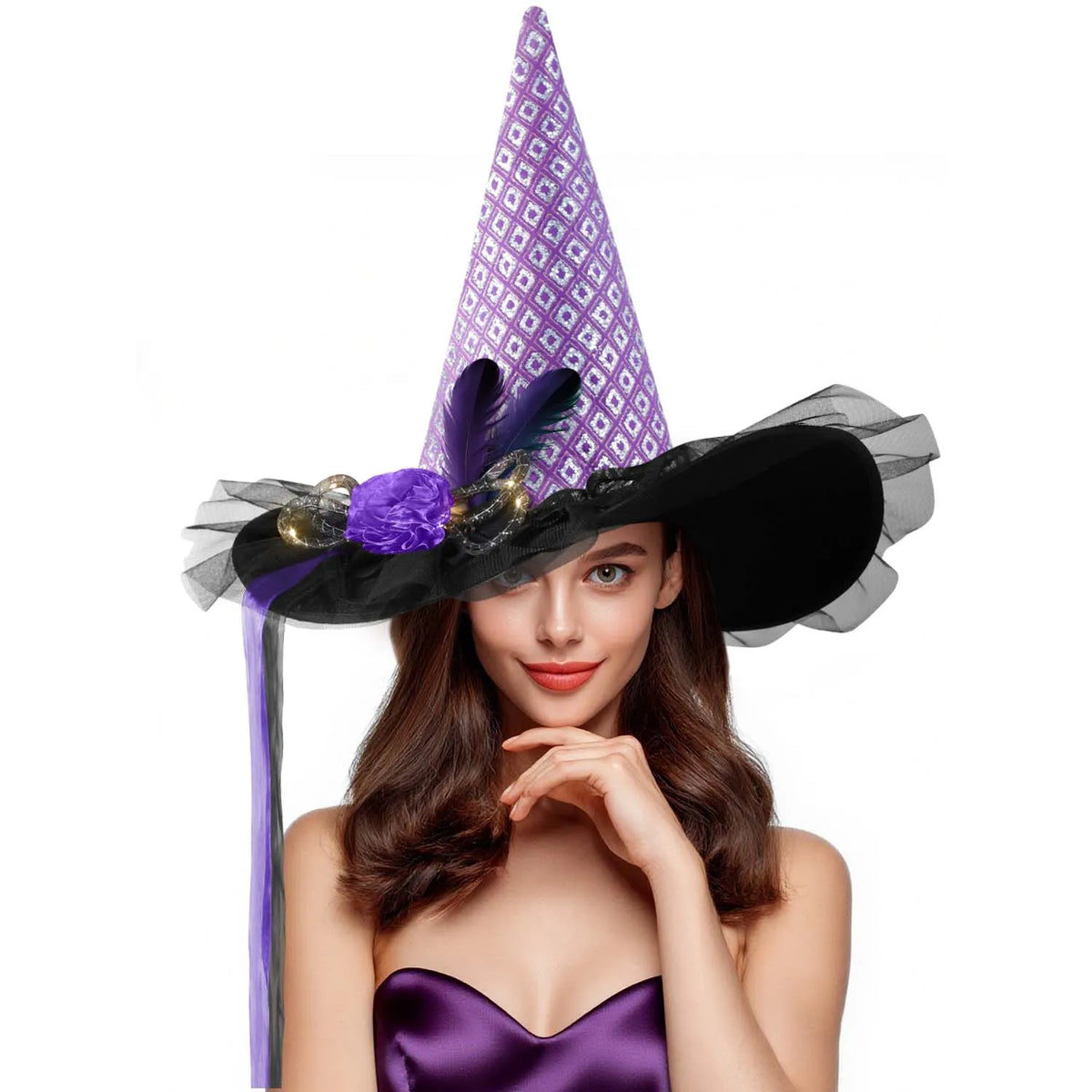 Women's Halloween Witch Hat with Lace, Feather and LED Decor