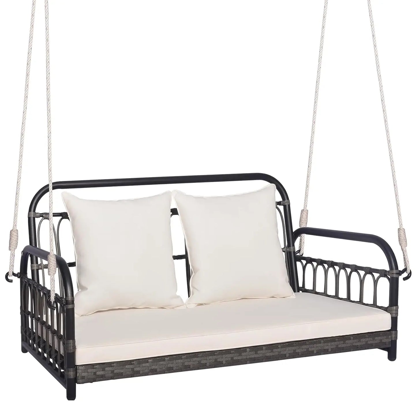 Outdoor Wicker Porch Swing, 2-Person Hanging Seat with Seat & Back Cushions, Heavy-Duty Metal Frame & 2 Sturdy, Customized