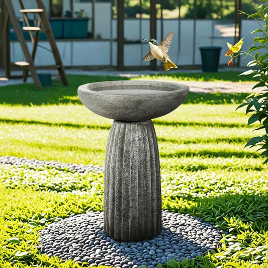 Fiber Reinforced Concrete Bird Bath With Textured Pedestal Outdoor Garden Decor