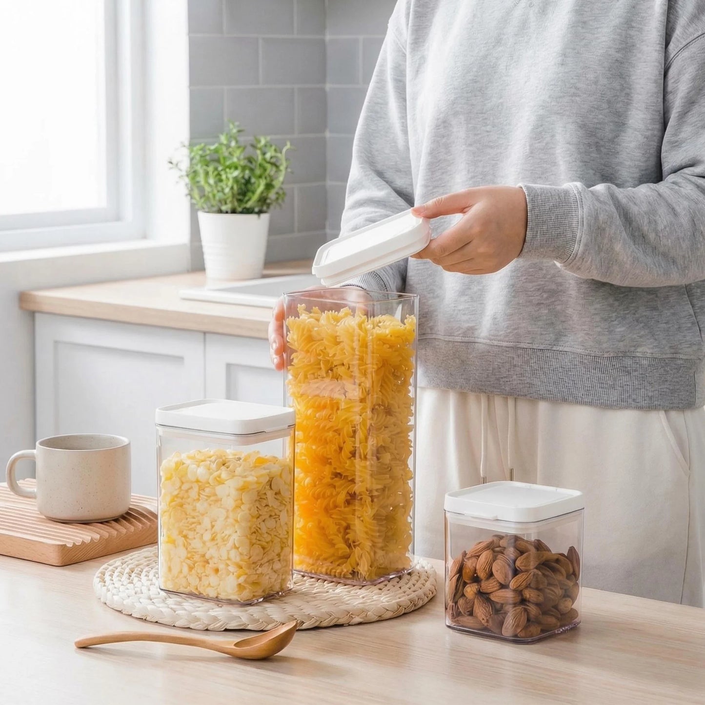 6pcs Set Airtight Food Storage Containers, Clear Plastic Sealed Jars with Flip Lid, Multi‑Capacity Kitchen Pantry Organizer for Pasta Cereal Snack
