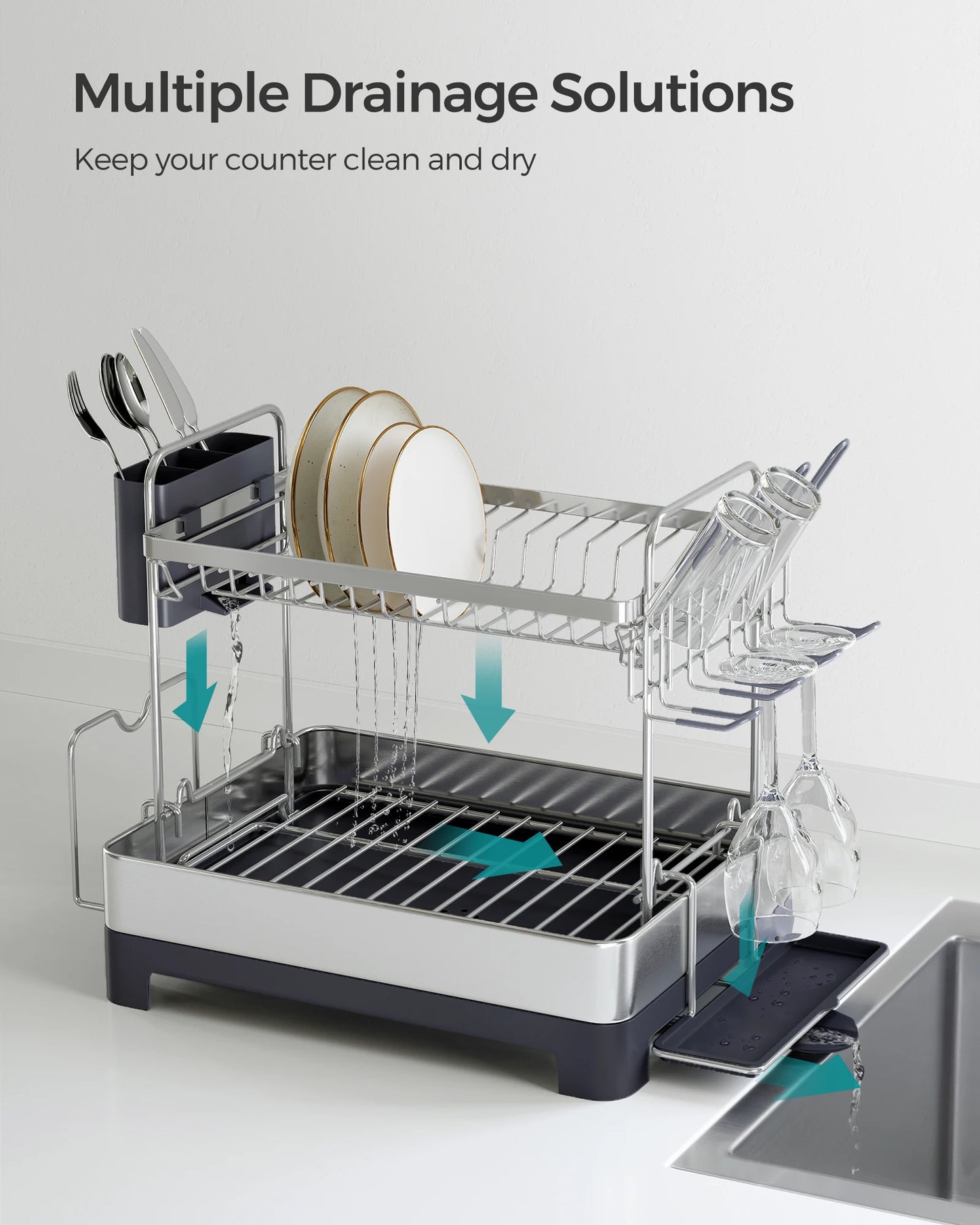 SONGMICS 2 Tier Dish Drying Rack With Rotatable Drain Spout