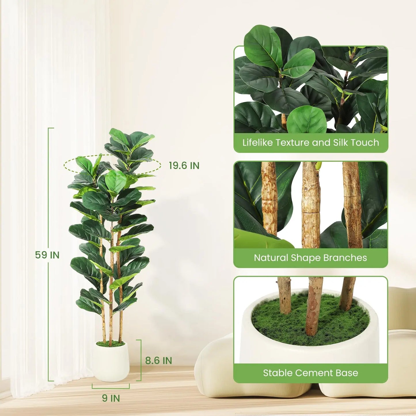 Artificial Fiddle Leaf Fig Tree with White Planter, 5/6/7 ft Tall Fake Plant with Natural Wood Trunk, Faux Ficus Tree Potted Moss for Home Office Living Room Decor