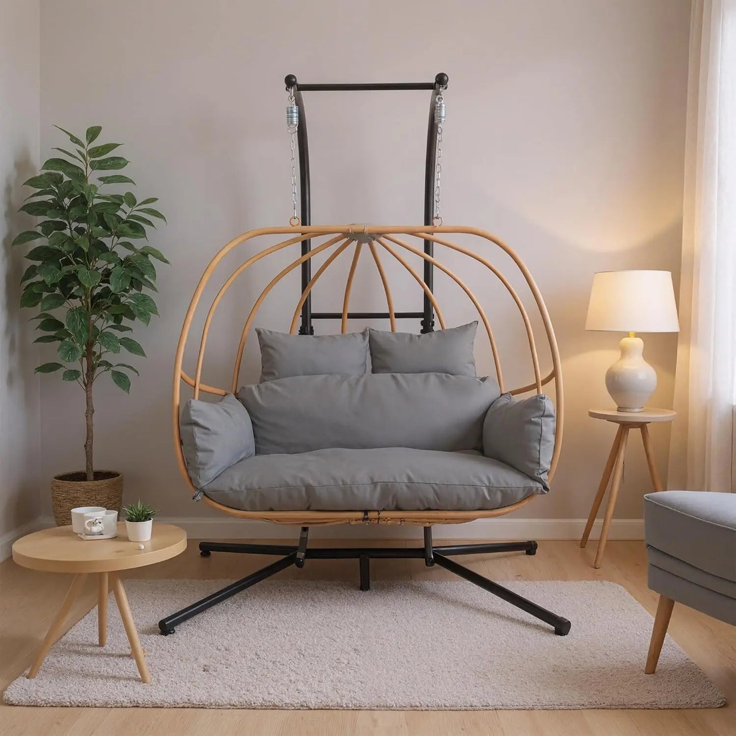2-Person Outdoor Egg Swing Chair with Cushions Rattan Basket Stand Metal Nest Patio Garden, Customized
