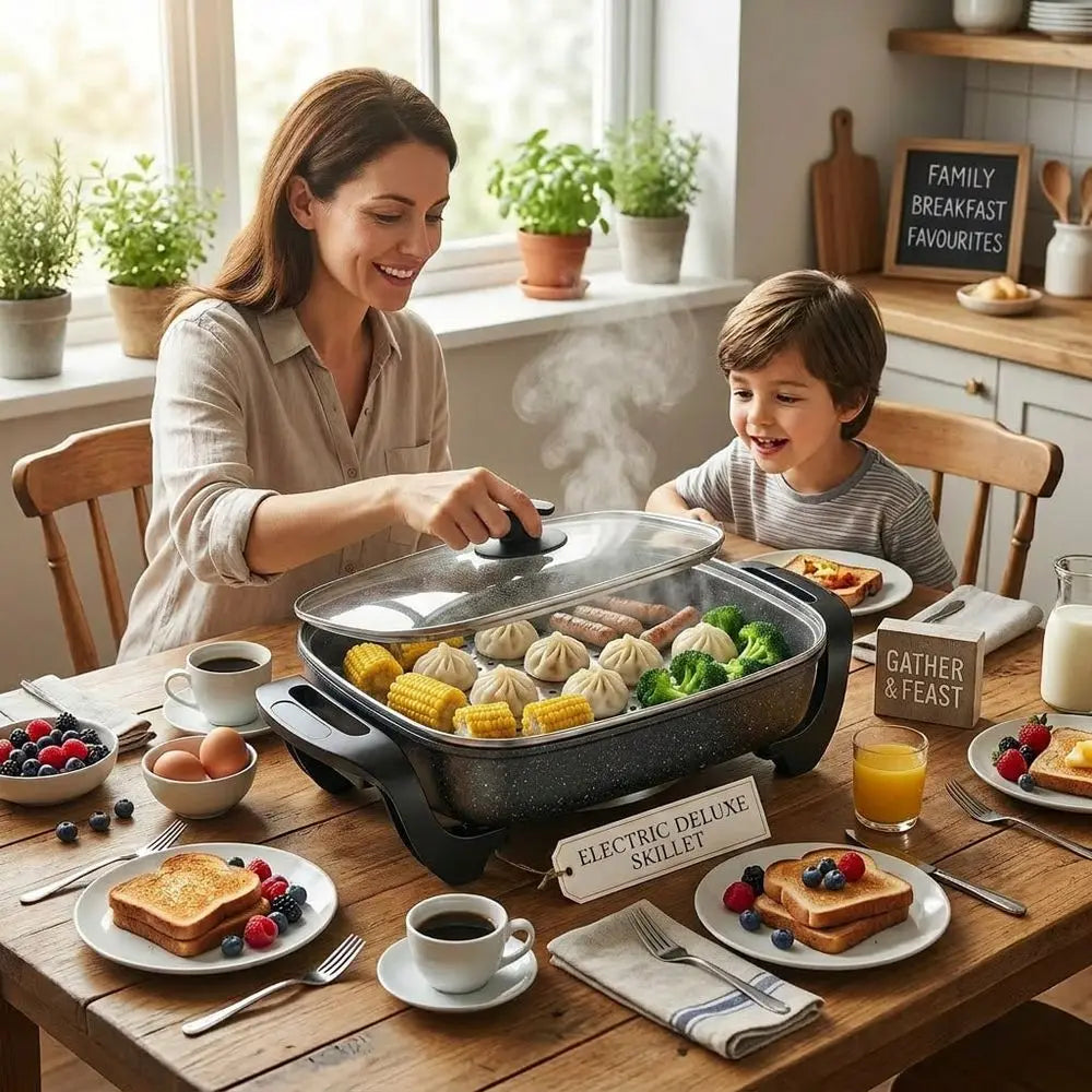 Aoran 16 Inch Family-Sized Electric Skillet, Non-Stick Electric Griddle With Tempered Glass Lid & Steamer Insert, Perfect For B