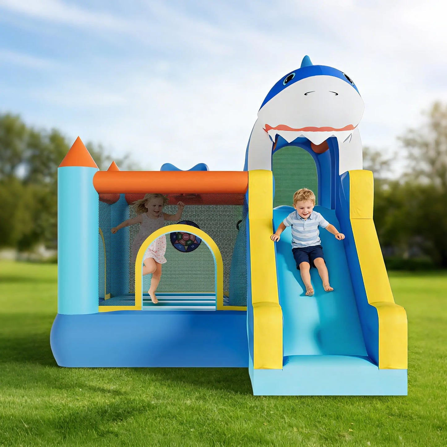 Inflatable Bounce House With Slide & Blower, Kids Bouncy Castle, Climbing Wall Basketball Hoop, Indoor Outdoor Backyard Play