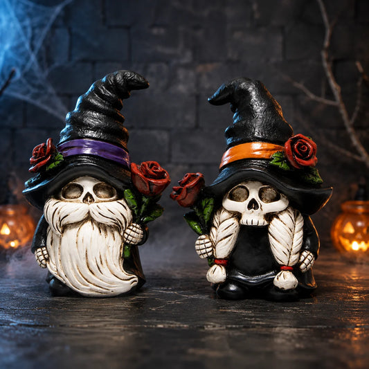 Hodao Resin Halloween Skull Gnome Couple Figurines for Gothic Decor