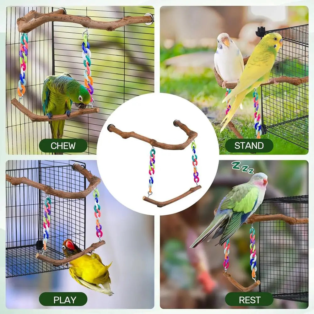 Standing Bird Perch with Natural Grape Wood, Hangable Birdcage Accessories, Birds Chewing Toy for Budgerigars, Parakeets, Cockat