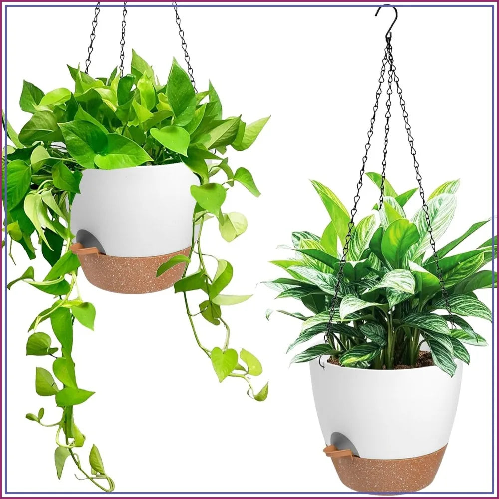 Self-Watering Hanging Planters 2-Pack, 6" White with Drainage & Removable Tray