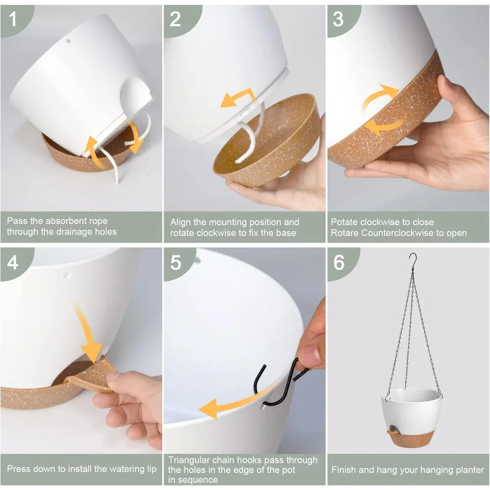 Self-Watering Hanging Planters 2-Pack, 6" White with Drainage & Removable Tray