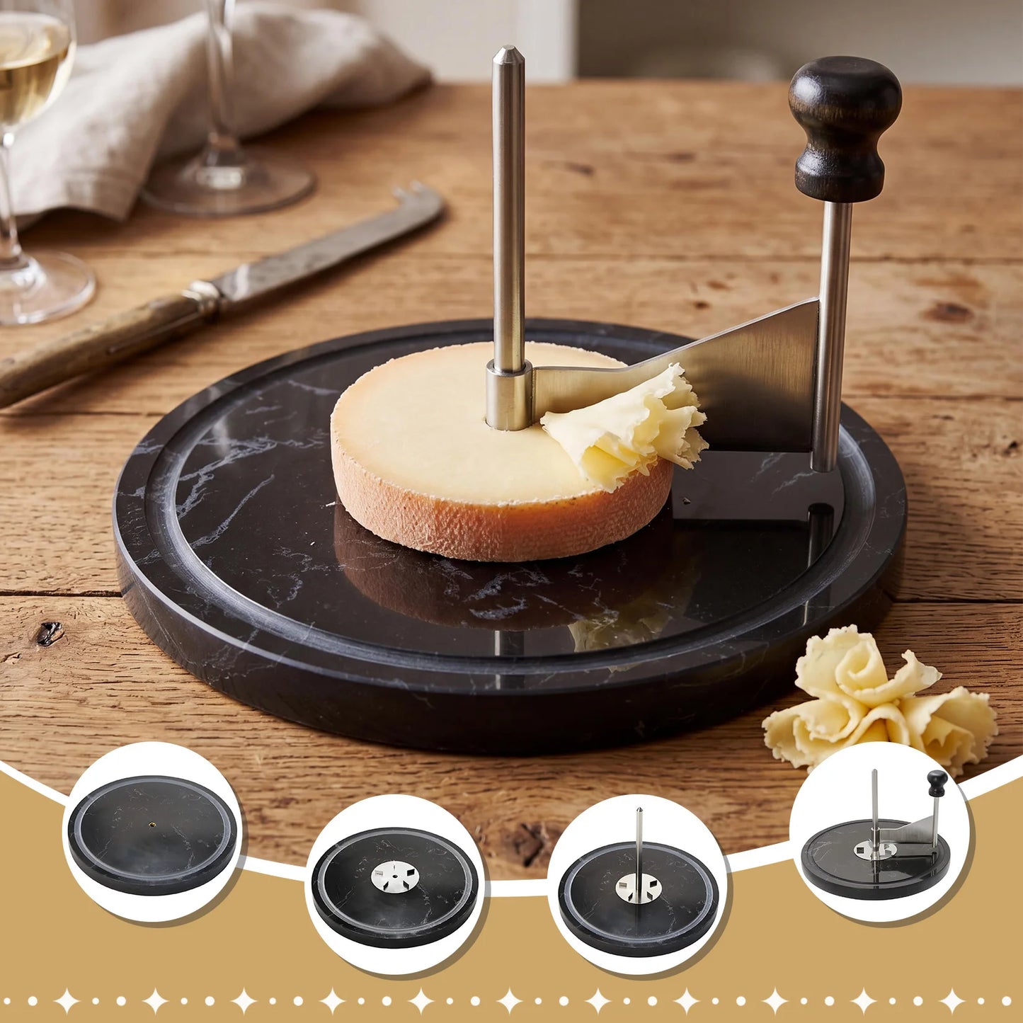Cheese Curler with Marble Base, Stainless Steel Blade Cheese Shaver for Charcuterie Board and Table Vegetables Cutter Kitchen Gadgets