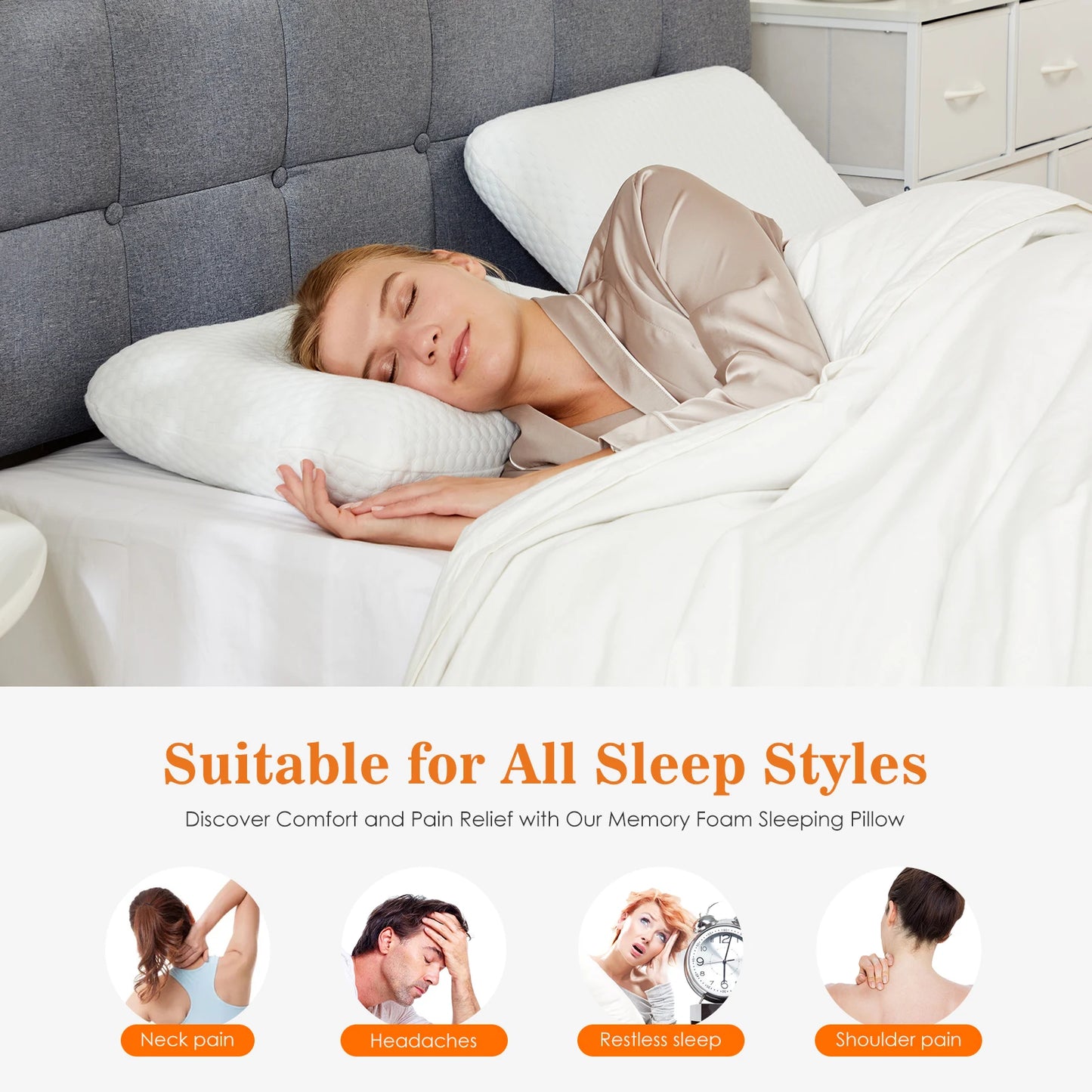 MCQ 1-piece Neck Pillow Comfort Memory Foam Pillows Standard Size Removable Washable Cover Ventilated Cooling Bed Pillow