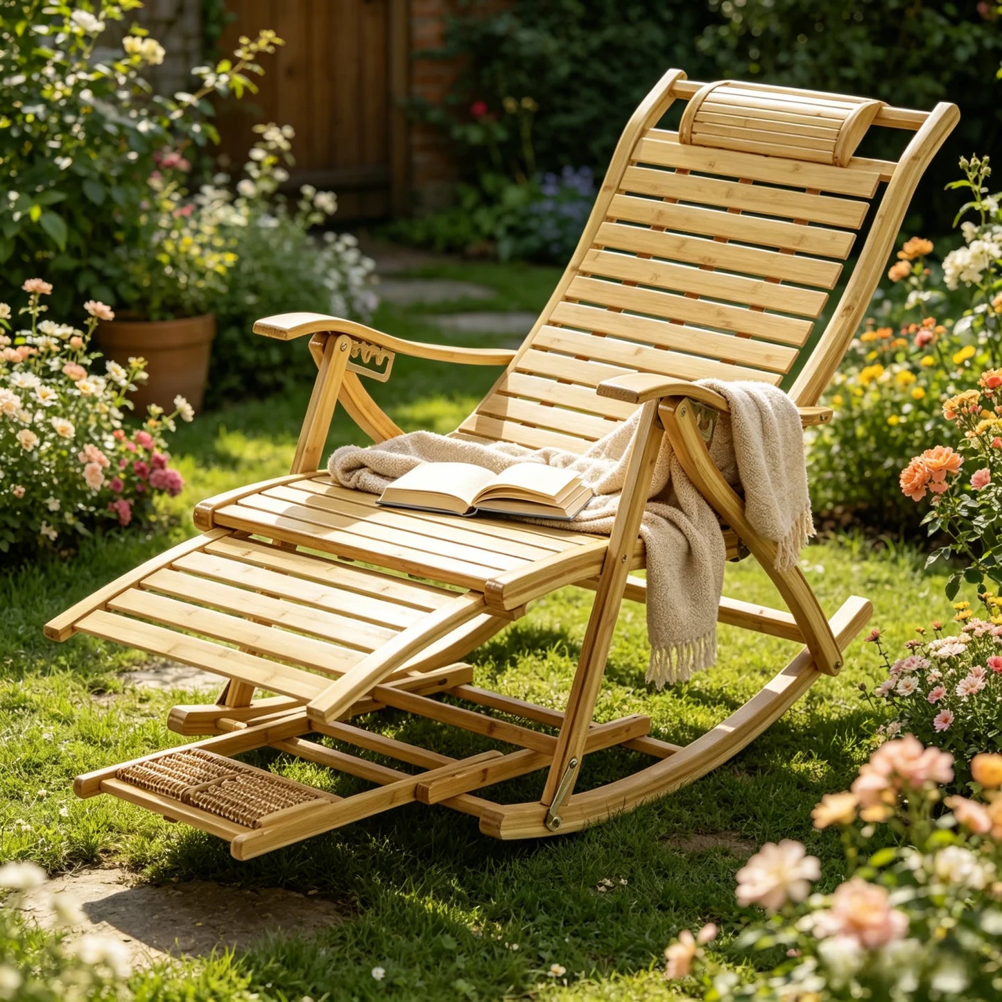 Folding Bamboo Rocking Chair Bamboo for Living Room, Bedroom, Backyard,Indoor Outdoor Furniture Adjustable Sun Lounger Chairs