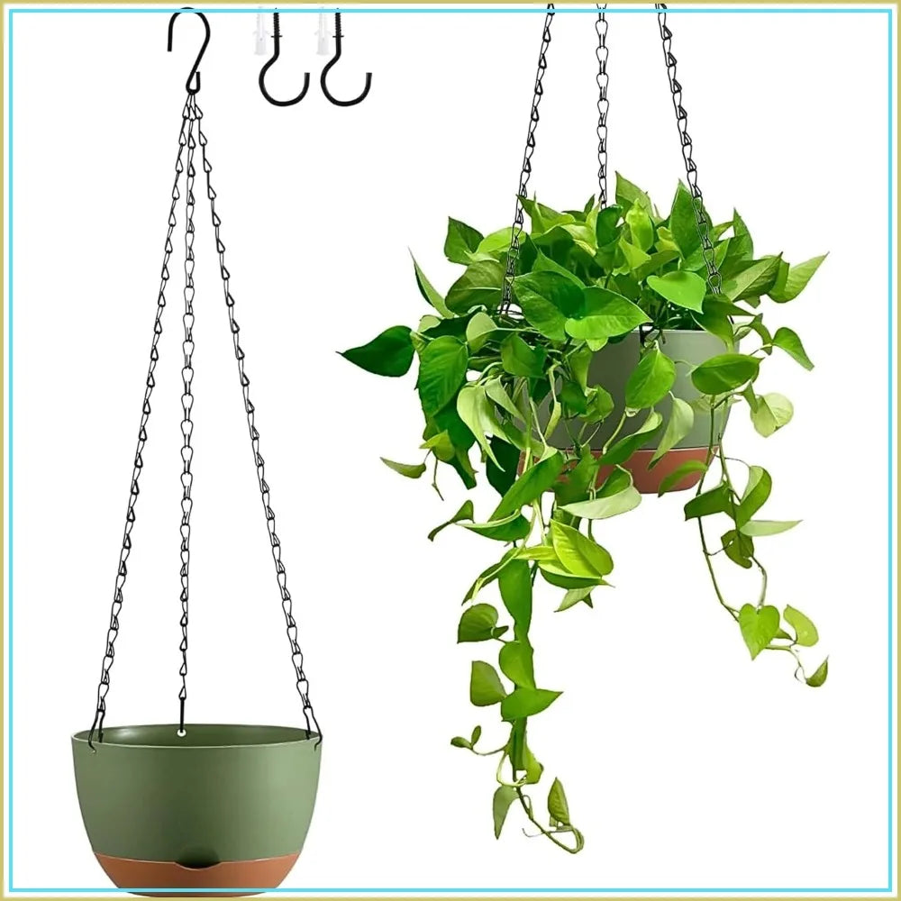 Set of 2 Self-Watering Hanging Planters, 8 Inch Indoor Outdoor Flower Pots with Drainage Holes & Removable Tray, Hooks Included
