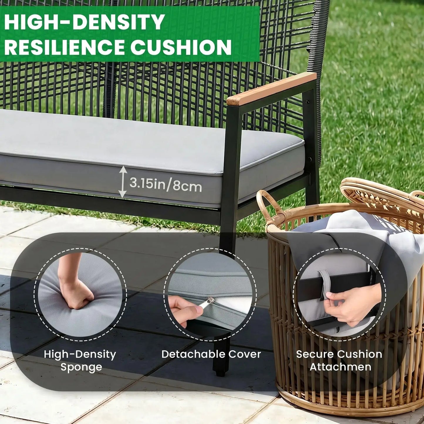 Modern Rattan Patio Loveseat With Cushion And Metal Frame
