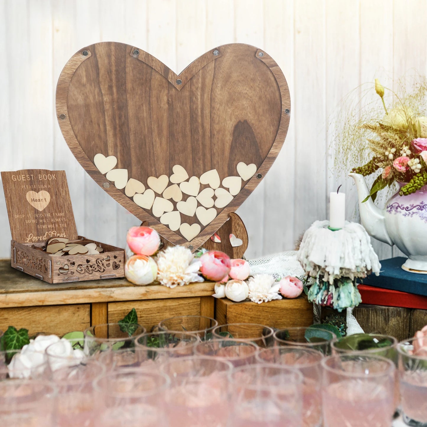 Rustic Wooden Wedding Guest Book Heart Shaped Message Card Rack