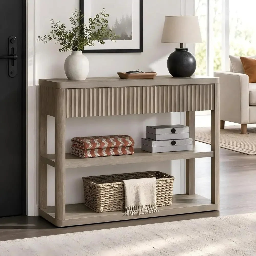 Entryway Table With Storage And Two Drawers And Two Tier Shelves For Living Room