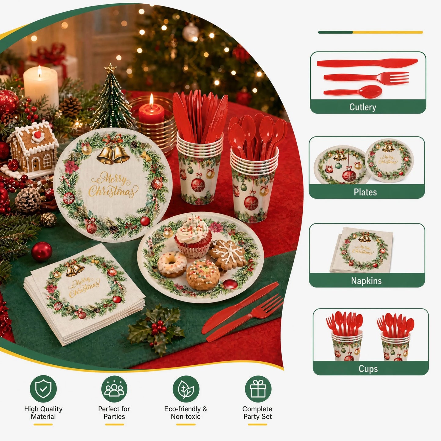 `Christmas Party Supplies Set, 350 Pcs Disposable Dinnerware Set with Plates Cups Napkins Cutlery for 50 Guests`