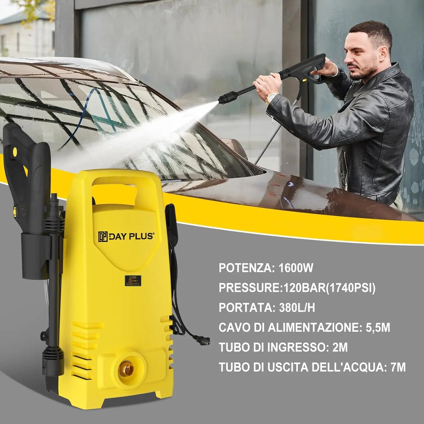 DayPlus Electric Pressure Washer 1600W 120bar 380Lph Adjustable Lance