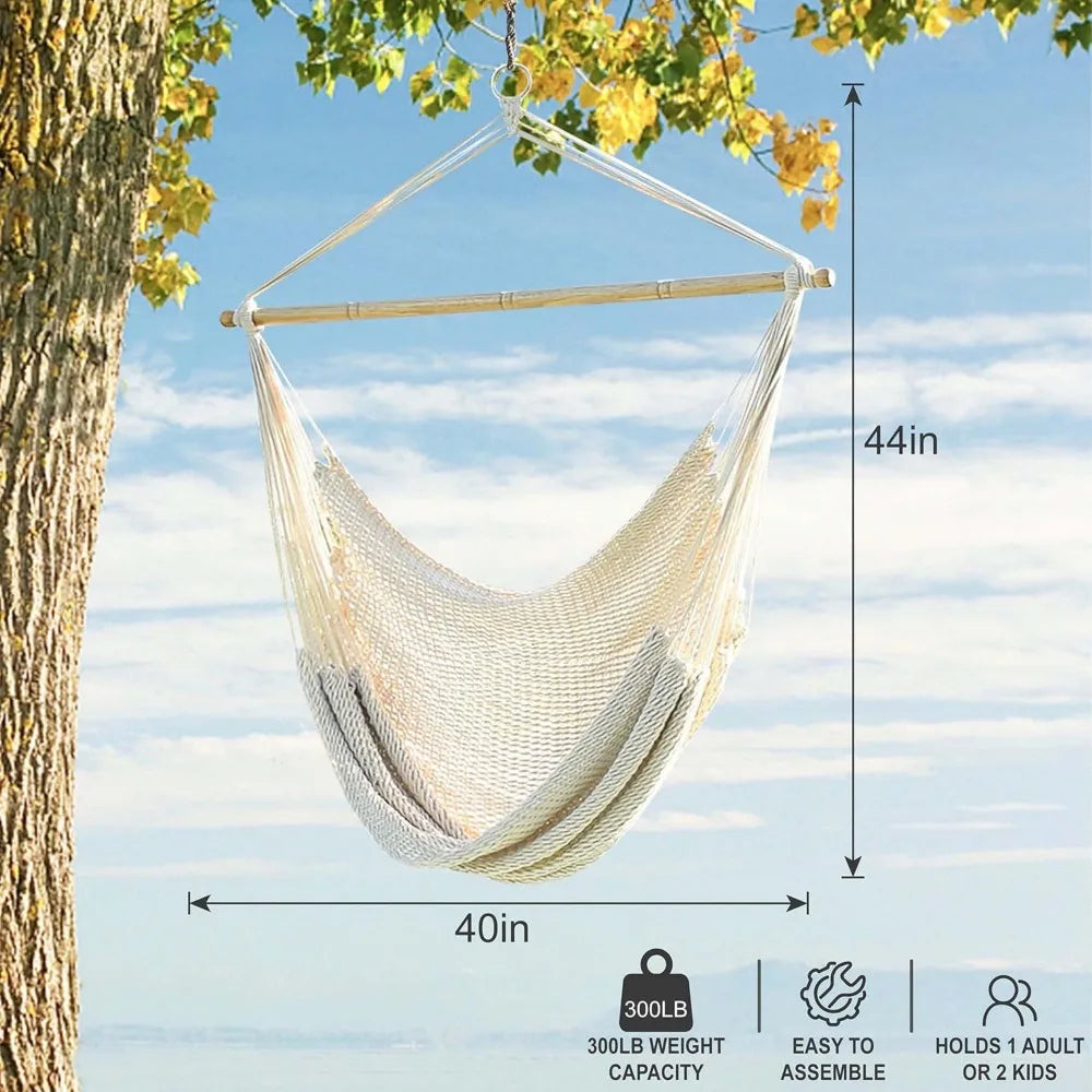 Caribbean Style Hanging Rope Chair with 40 Inch Wood Bar Cotton Weave Indoor Outdoor 300 LB Natural