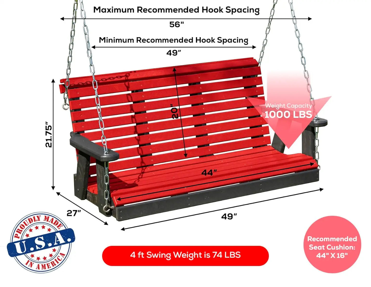 4FT HDPE Porch Swing 1000lb Rollback Design Patio Backyard Garden Park Customized