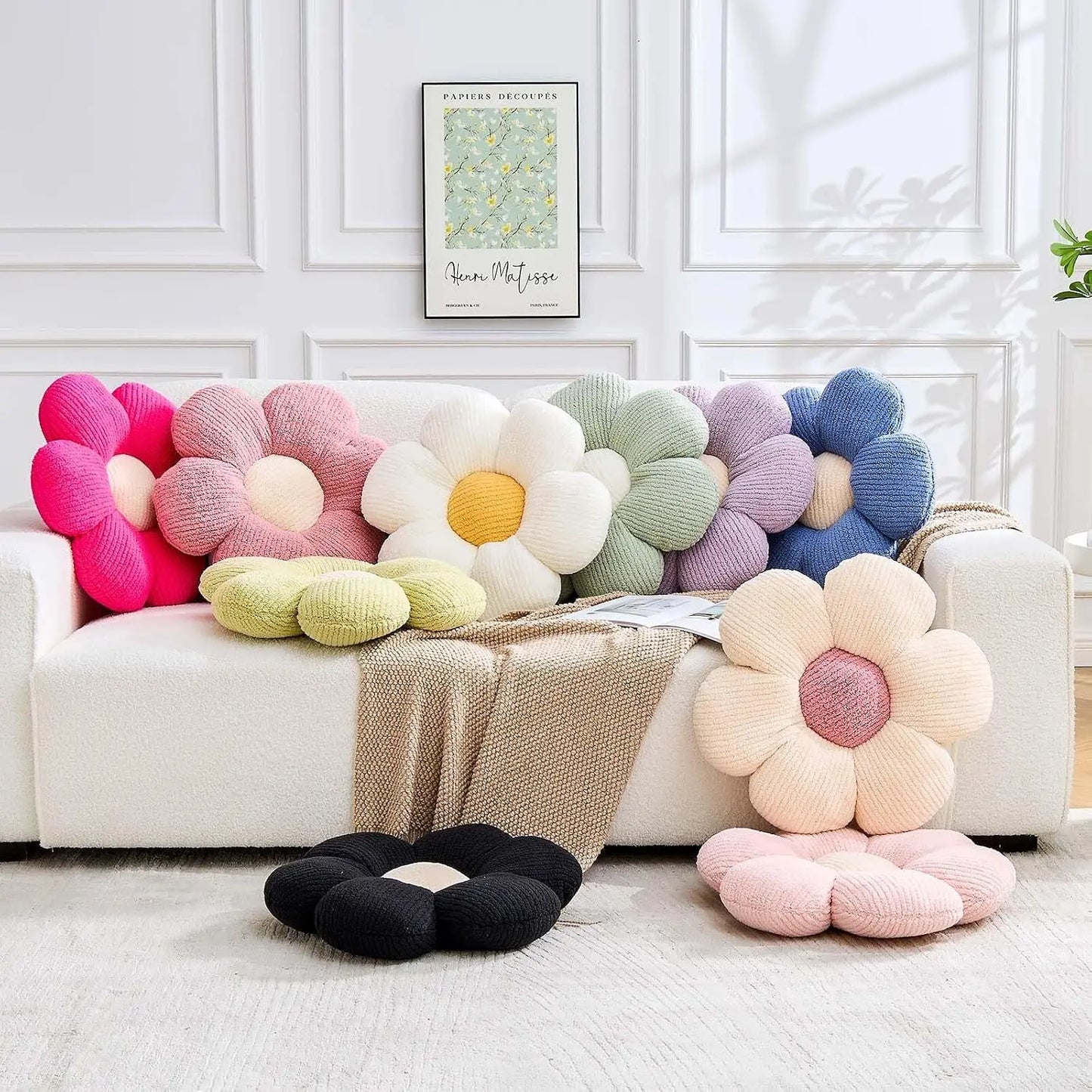 Flower Pillow, White Decorative Throw Pillow for Bed Couch, 14.9" Daisy Floral Shaped Plush Floor Seat Cushion