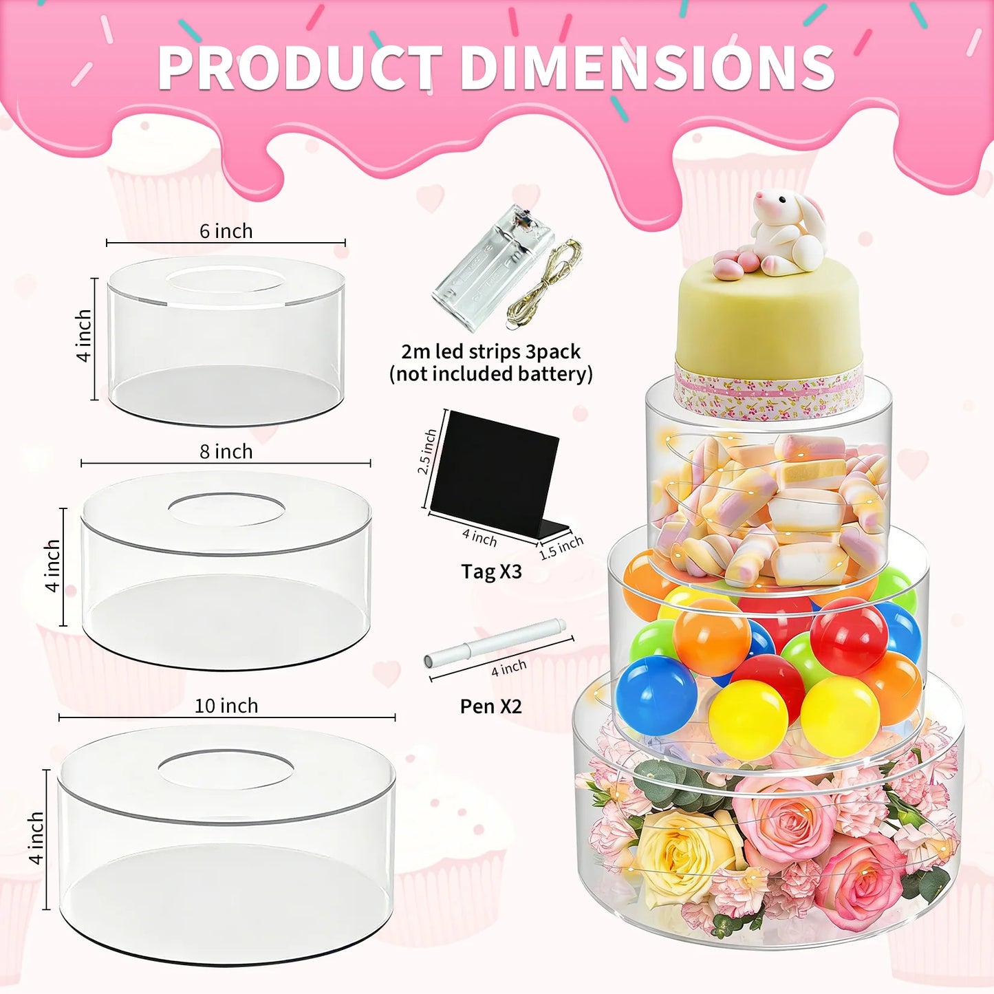 3 PCS Acrylic Cake Stands, Round Clear Fillable Cake Display Risers with LED Light for Wedding Birthday Party