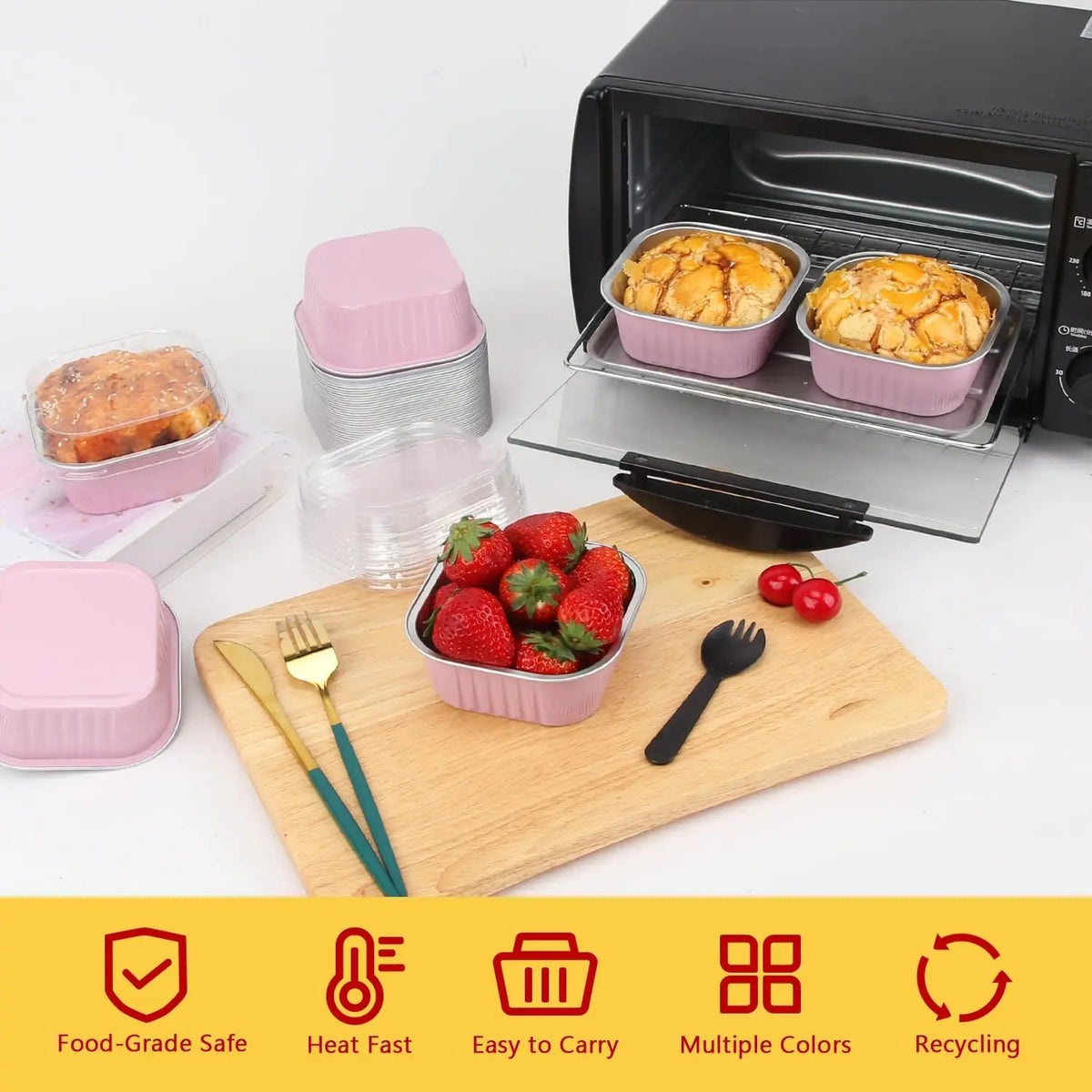 `10 Oz Aluminum Foil Baking Cups with Lids and Sporks, 100 Pcs Disposable Ramekins for Dessert Cake BBQ Meal Prep`