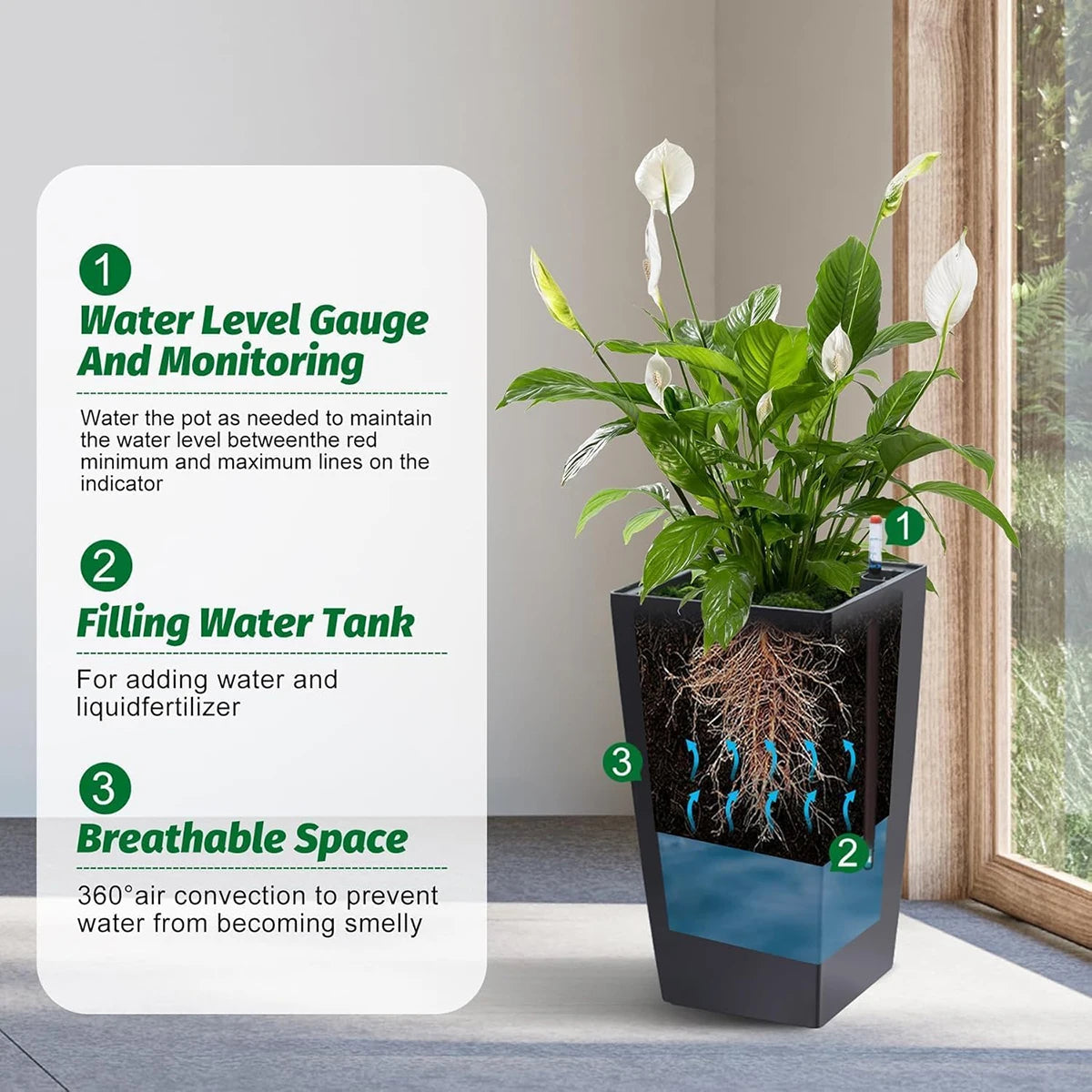 TWISTER.CK Rectangular Planters Set of 2 With Drainage Holes Water Level Monitor