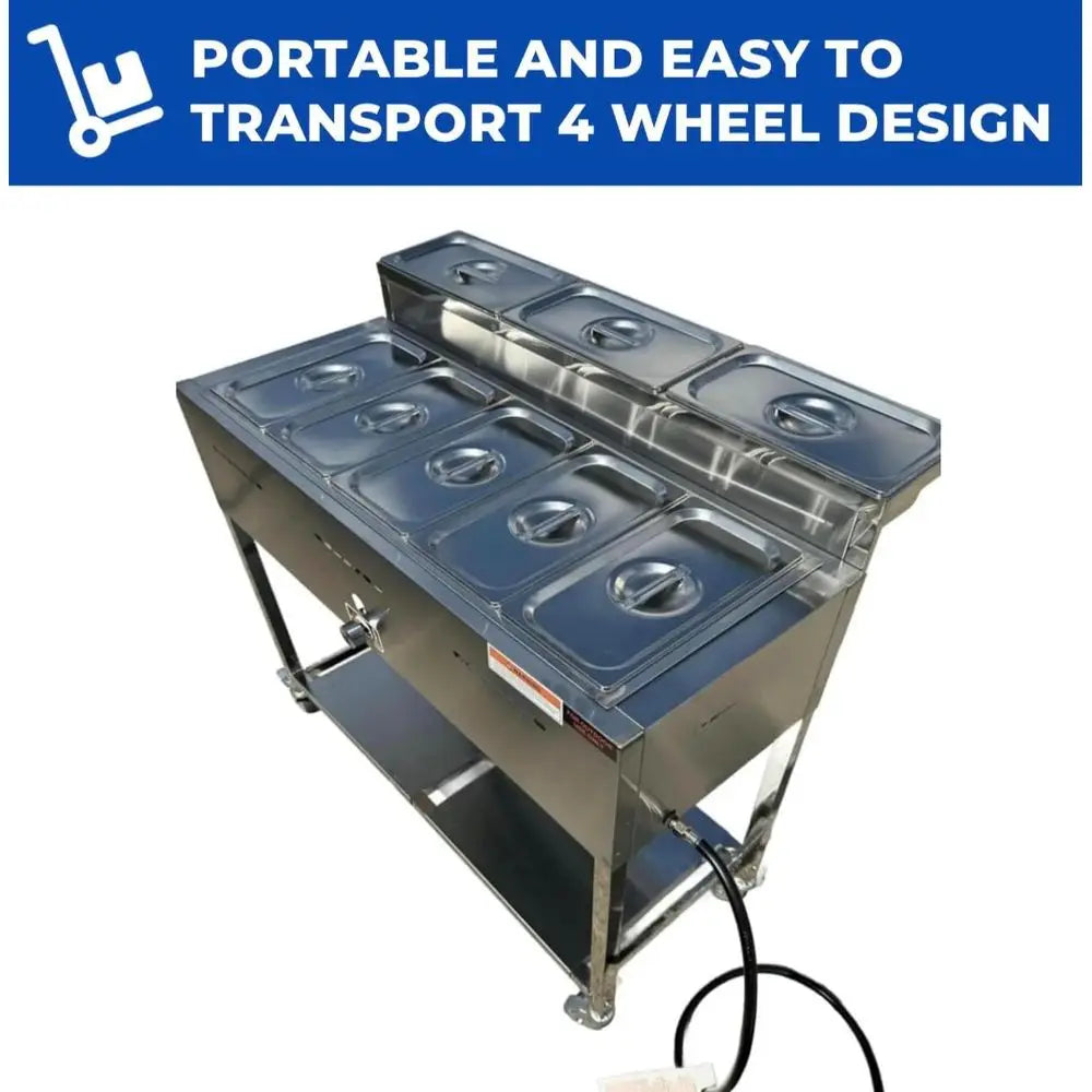 Five Pan Steam Table Warmer Cart Stainless Steel Heavy Duty